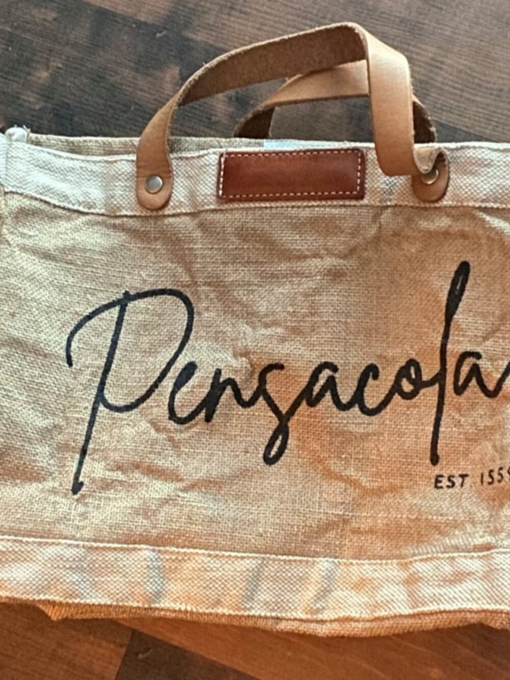 Apolis + Rusted Arrow Pensacola Est. 1559 Jute Burlap Tote Bag w/Leather Handles